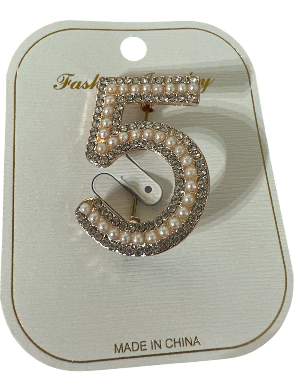 Fashion Jewelry Gold-Tone Number 5 Brooch with Pearls and Clear Rhinestones